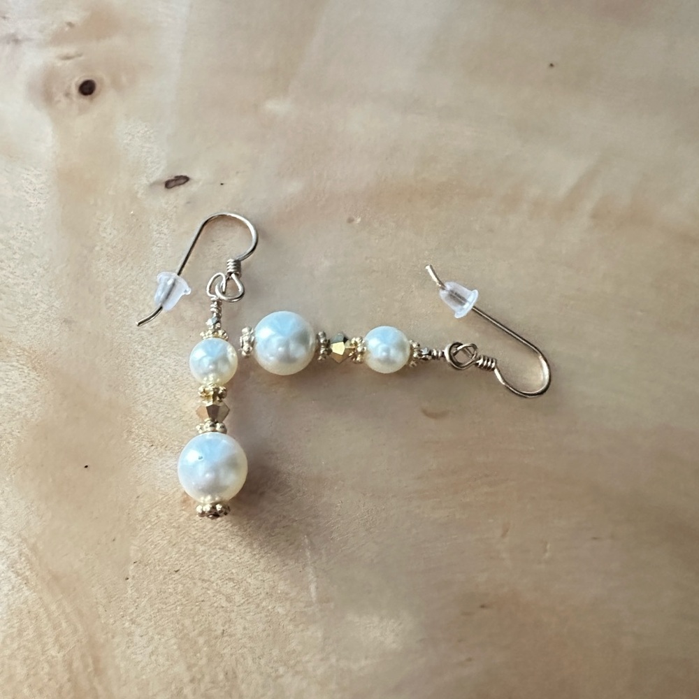 Cream and Gold filled Dangle Earrings with Pearls and Crystals